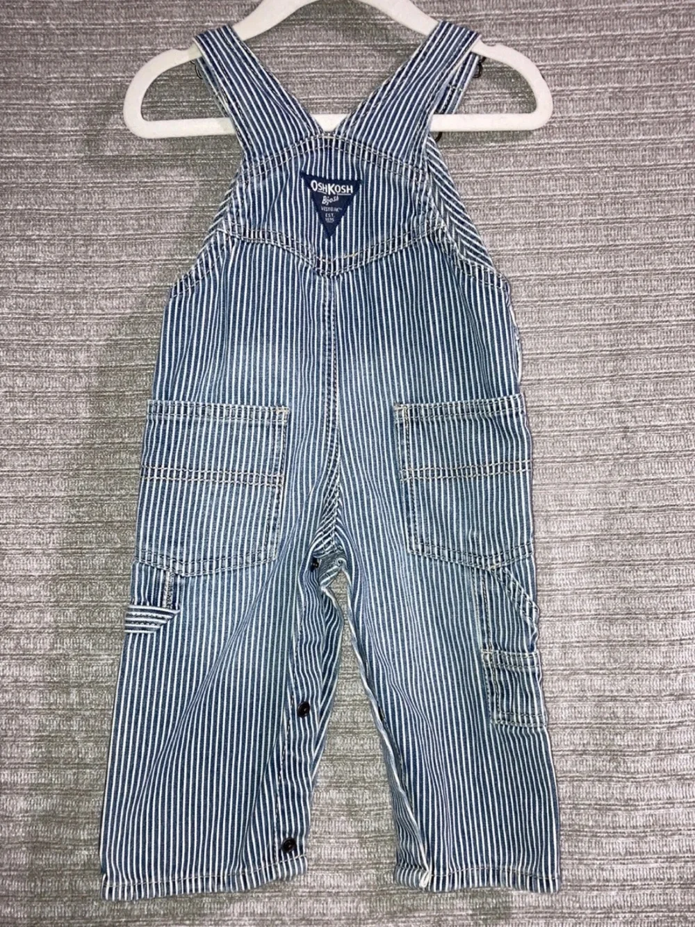 Vintage Oshkosh B'Gosh Vestbak Overalls Hickory Stripe Denim Baby Snap Leg 9 mon